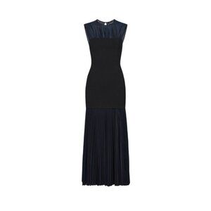 Proenza Schouler NIki Midi Pleated Dress Womens 4 Navy Black Blue Crew Neck S